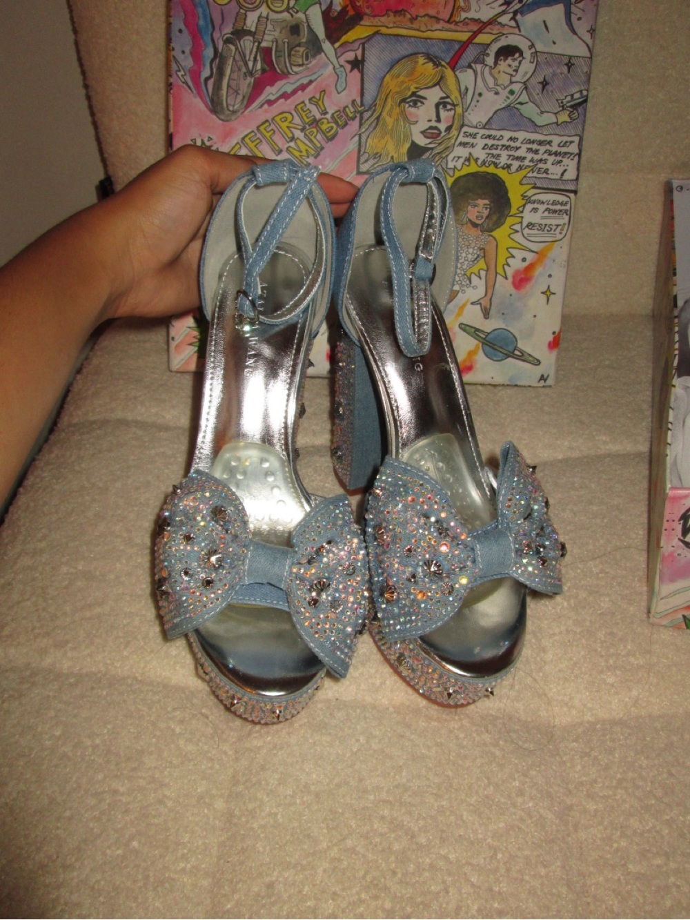 Jeffrey Campbell Girlfriend Blue Denim Combo Blue Jeweled Bow Platform Heels